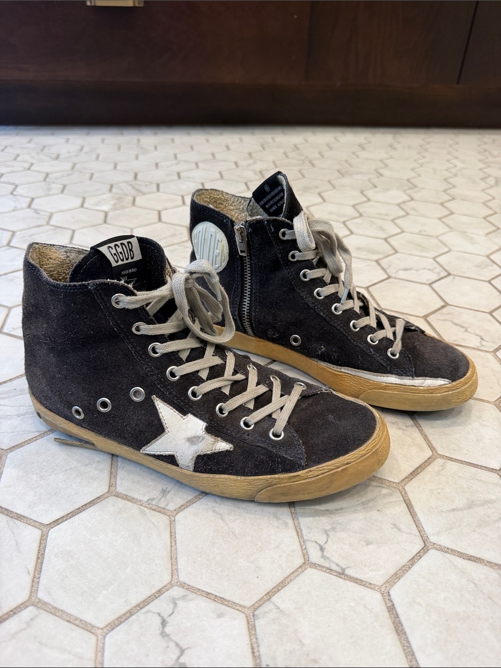 Golden Goose Women’s Francy Navy Suede High-Top Sneakers with Star - Sz 8.5